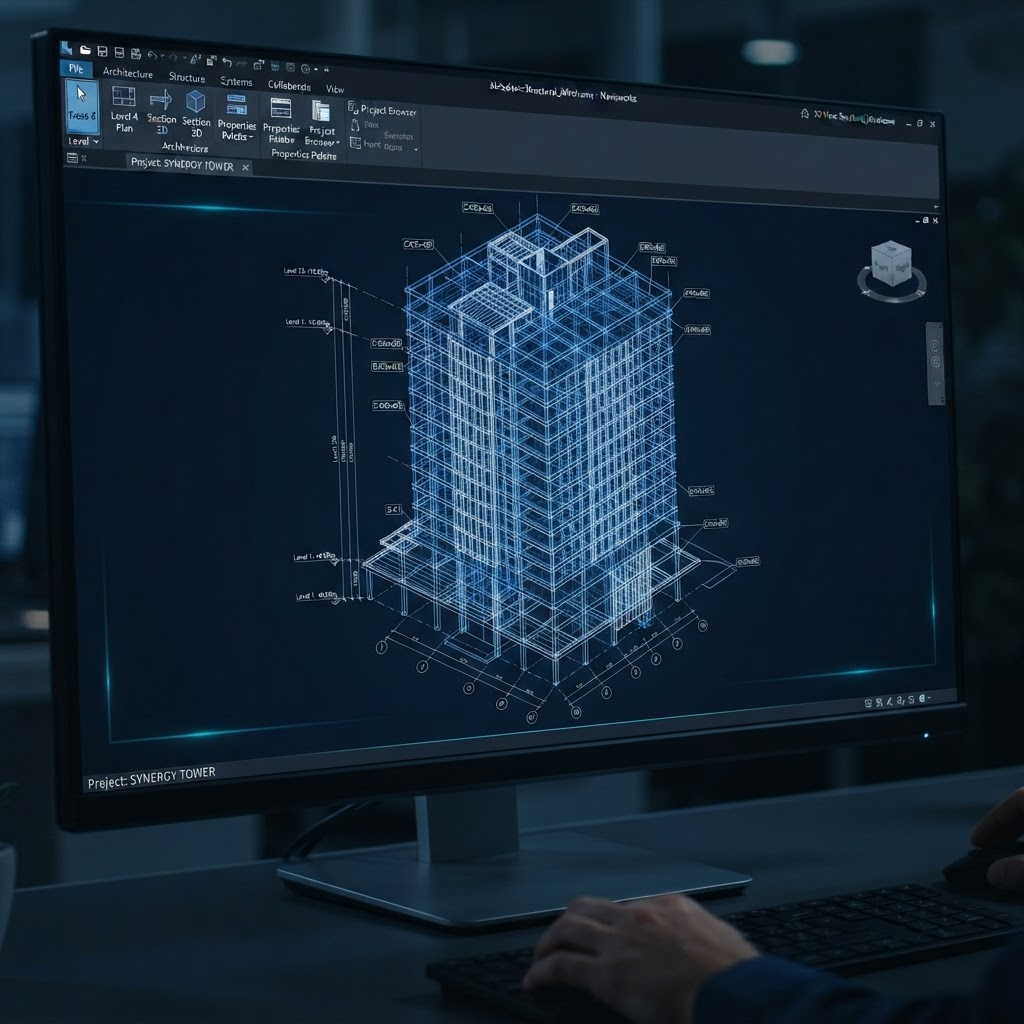Blue wireframe BIM building information model of a multi-story structure on a dark screen