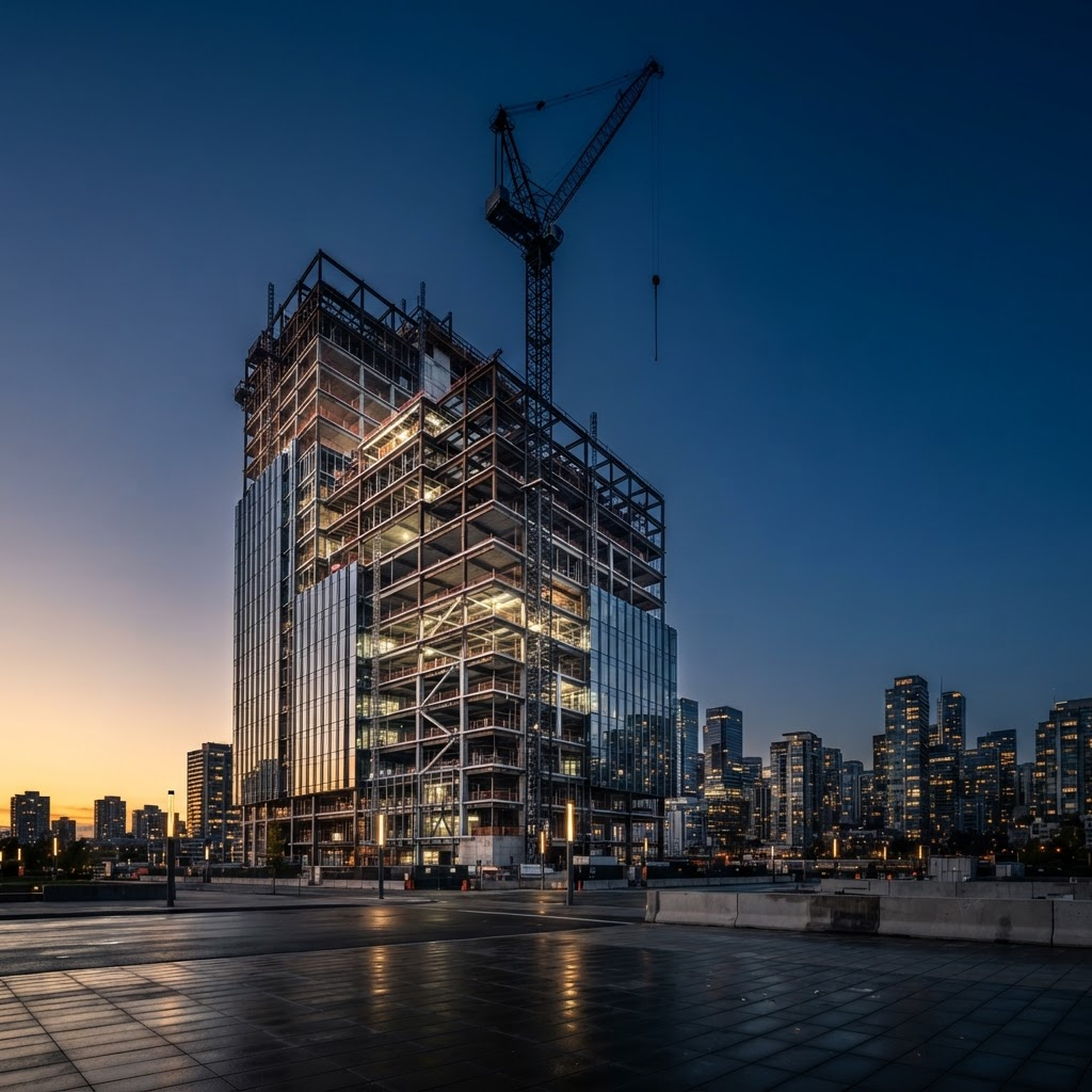 Modern steel and glass commercial building under construction at golden hour with a tower crane